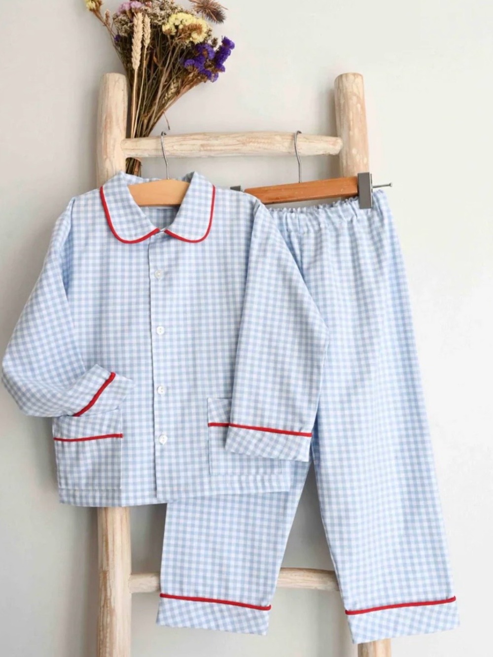 Blue Gingham Pajama Set with Red Piping
